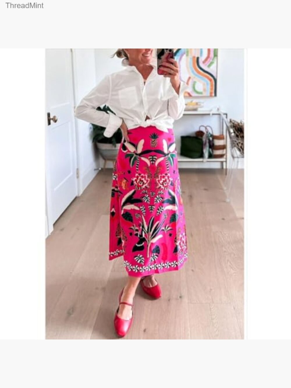 High Waisted A-Line Midi Skirt Tropical Floral Print Satin - Picture 6 of 7